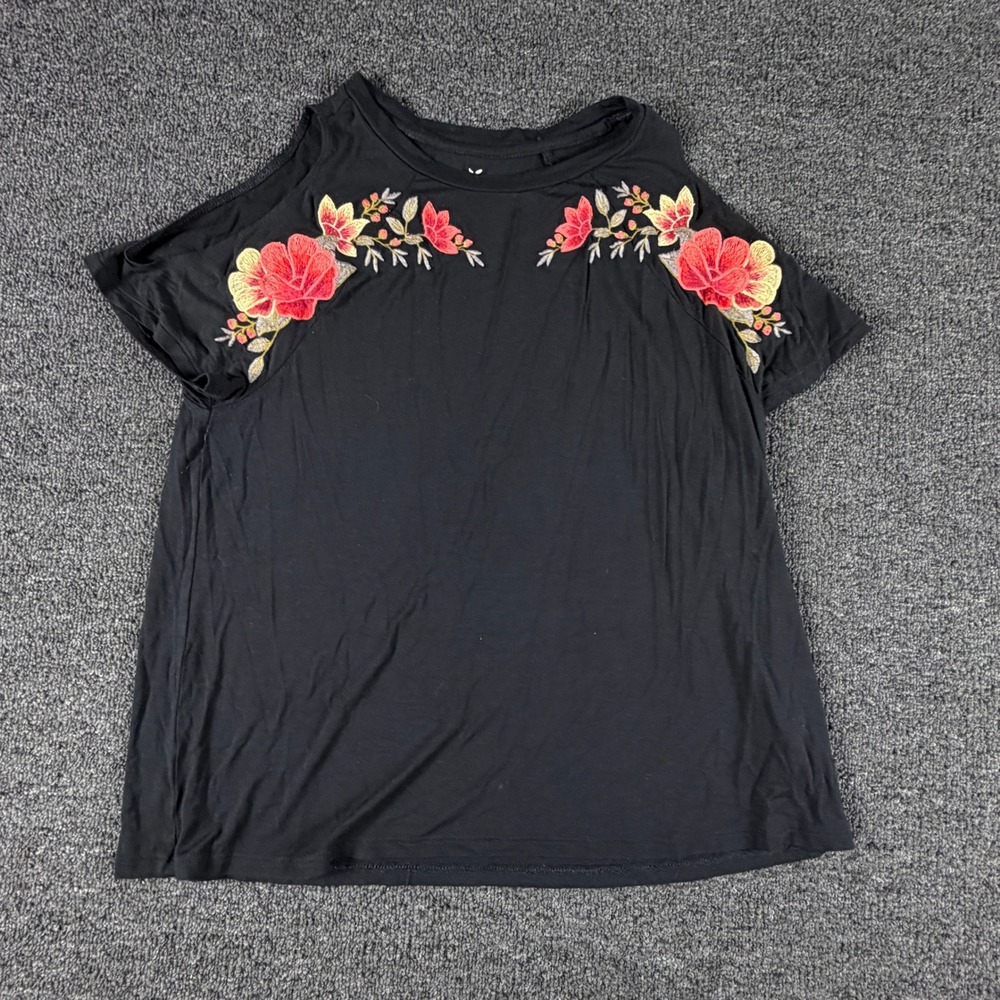 American Eagle T Shirt Womens S Soft & Sexy Black Cold Shoulder Floral EUC